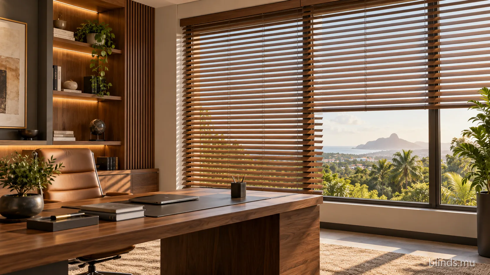 Study with wood effect aluminium blinds