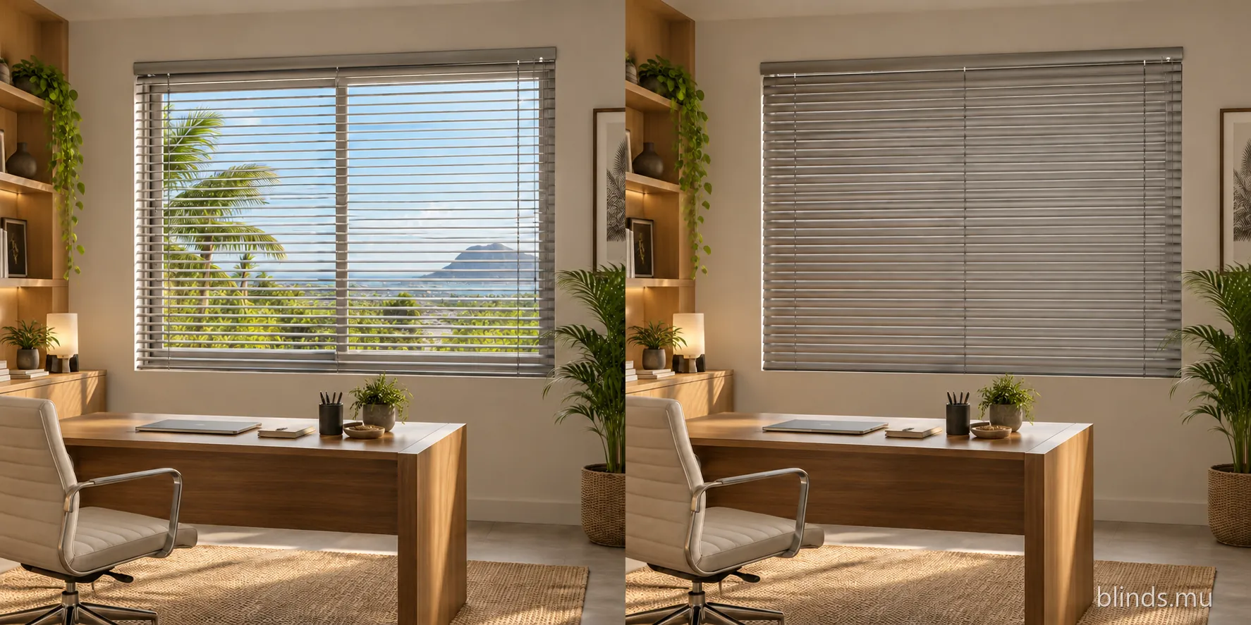 The same office window with the slats closed