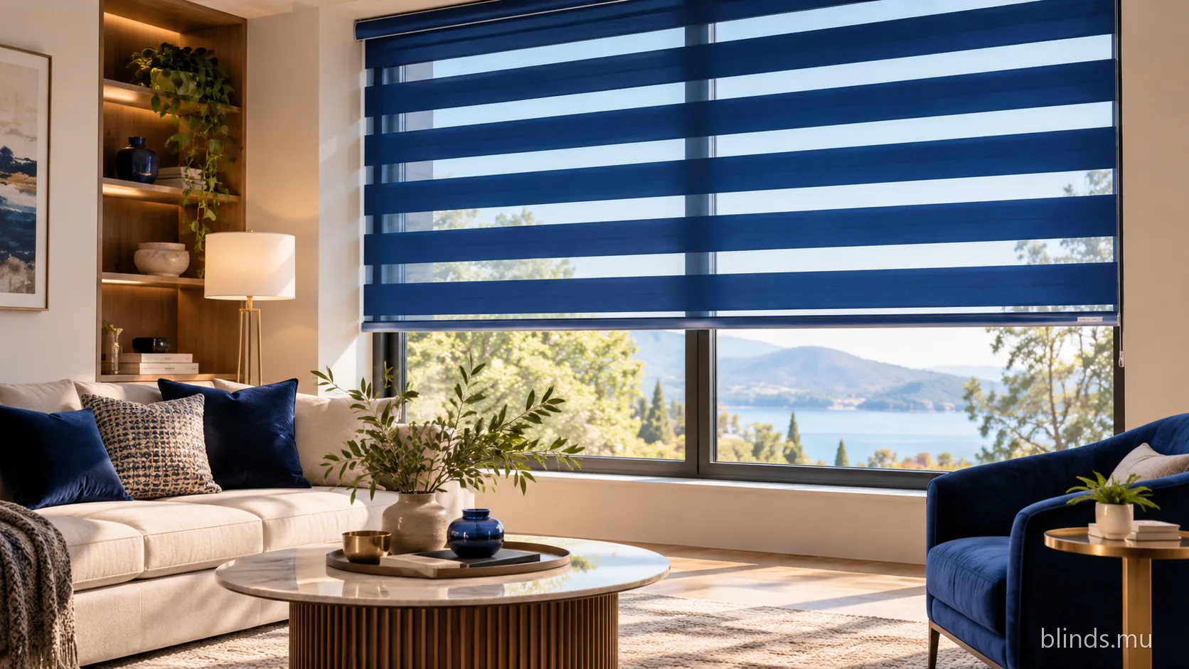 Living room with blue Eclipse blinds