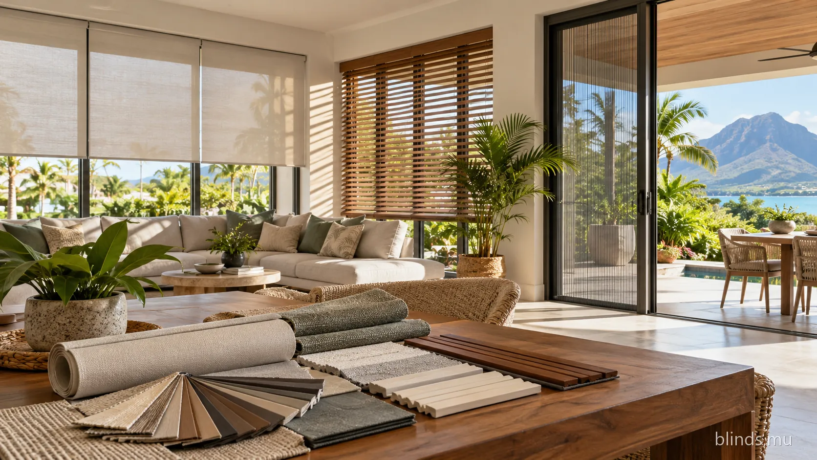Fabric swatches, a roll of fabric and wood slats on a table in a bright living room