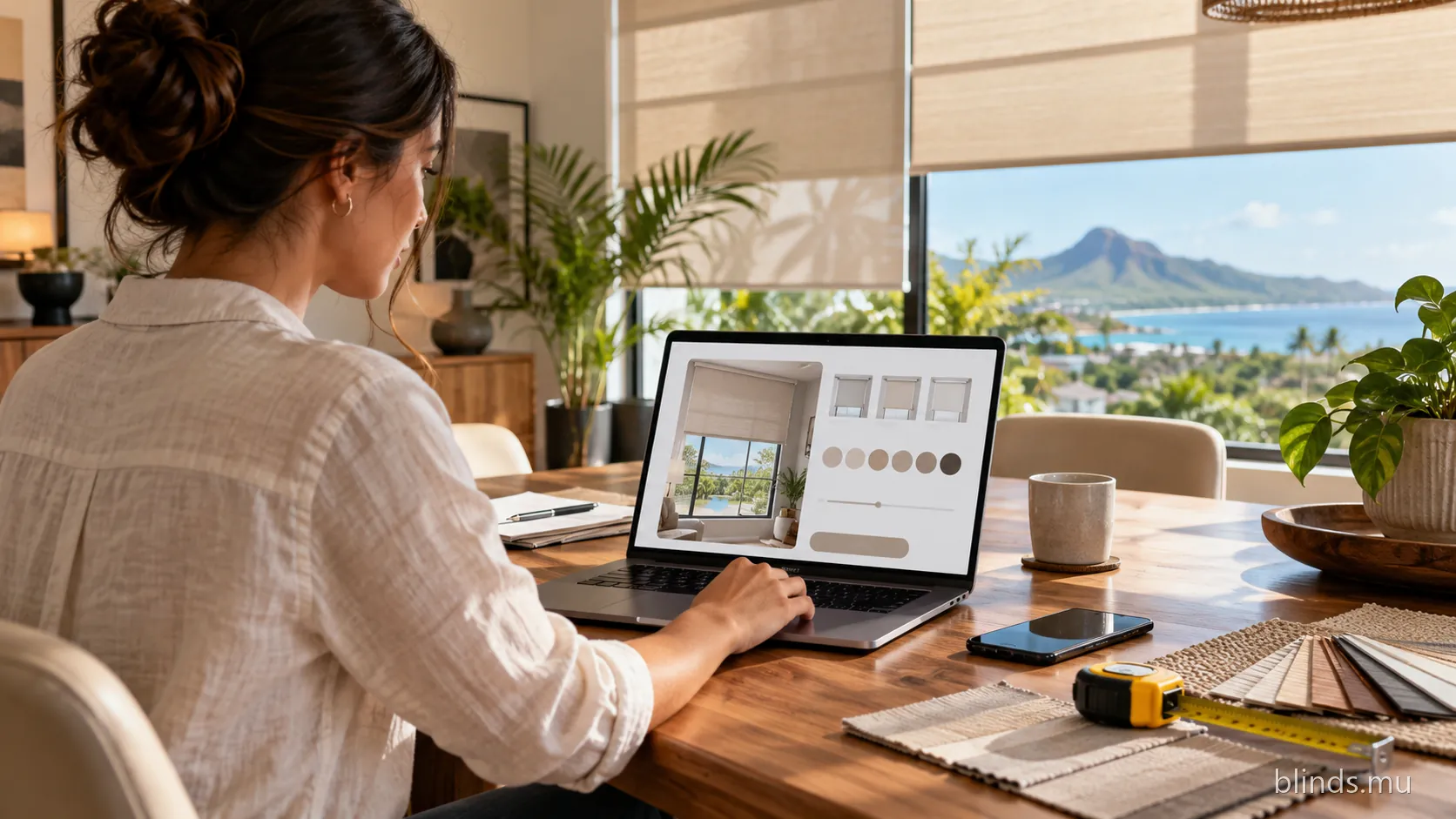 Person using a laptop showing blind options, with swatches and a tape measure on the table