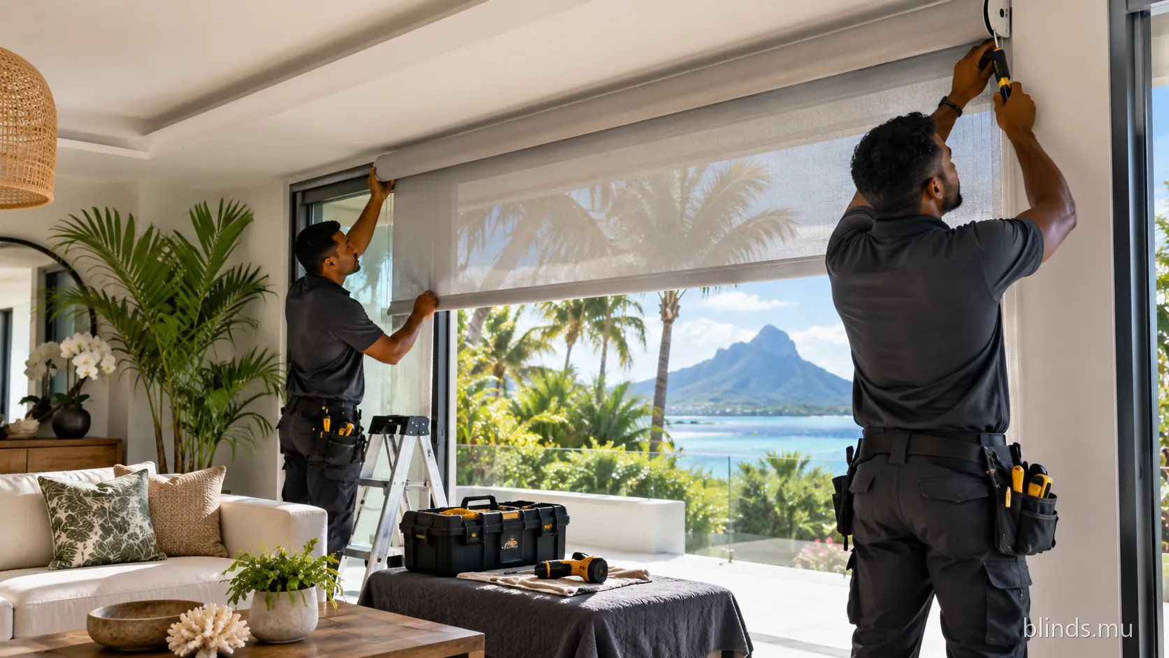 Installer fitting a roller blind above a window