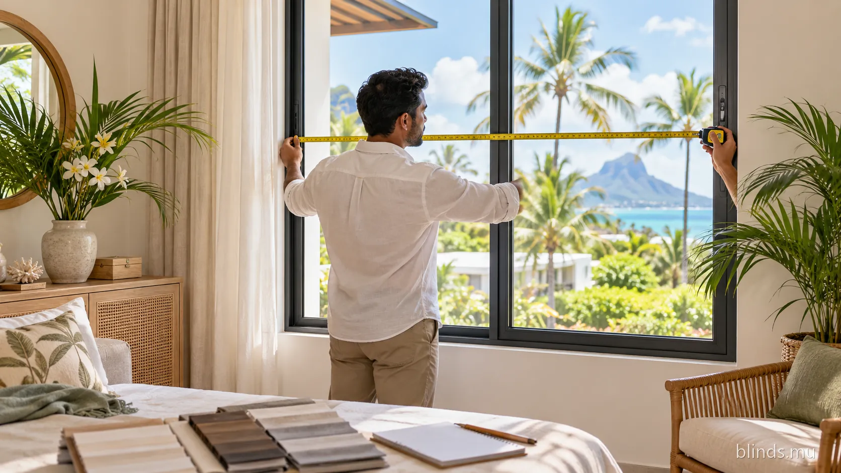 Person measuring a large window with a tape measure