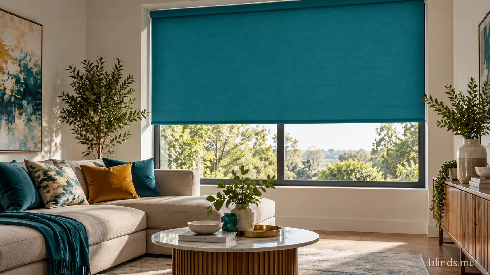 Living room with a teal roller blind