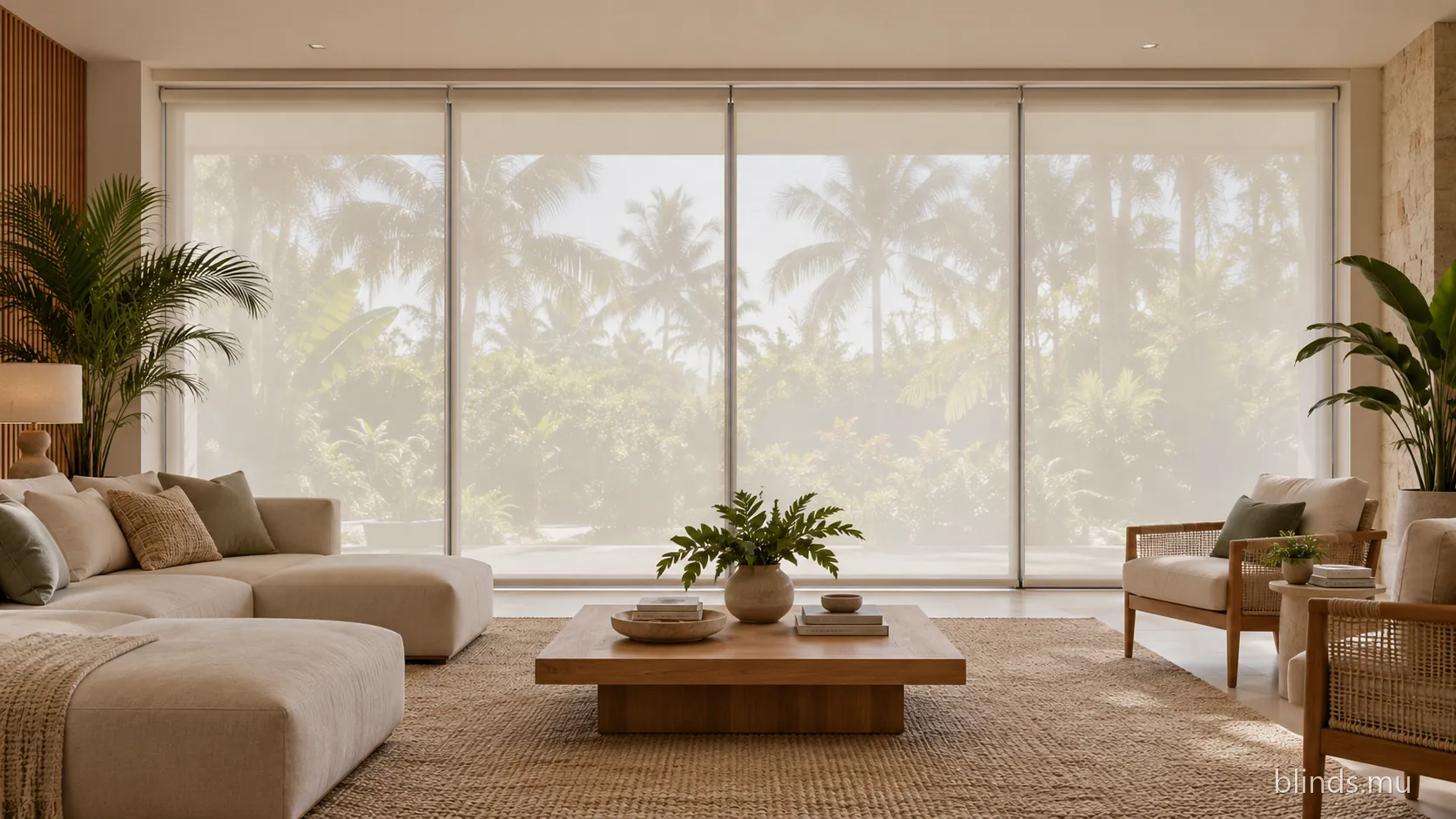 Living room with translucent roller blinds filtering daylight