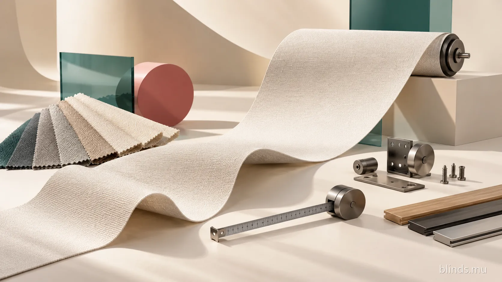 Cream roller blind fabric flowing in waves from a roll, beside fabric swatches, a tape measure, brackets and fixings