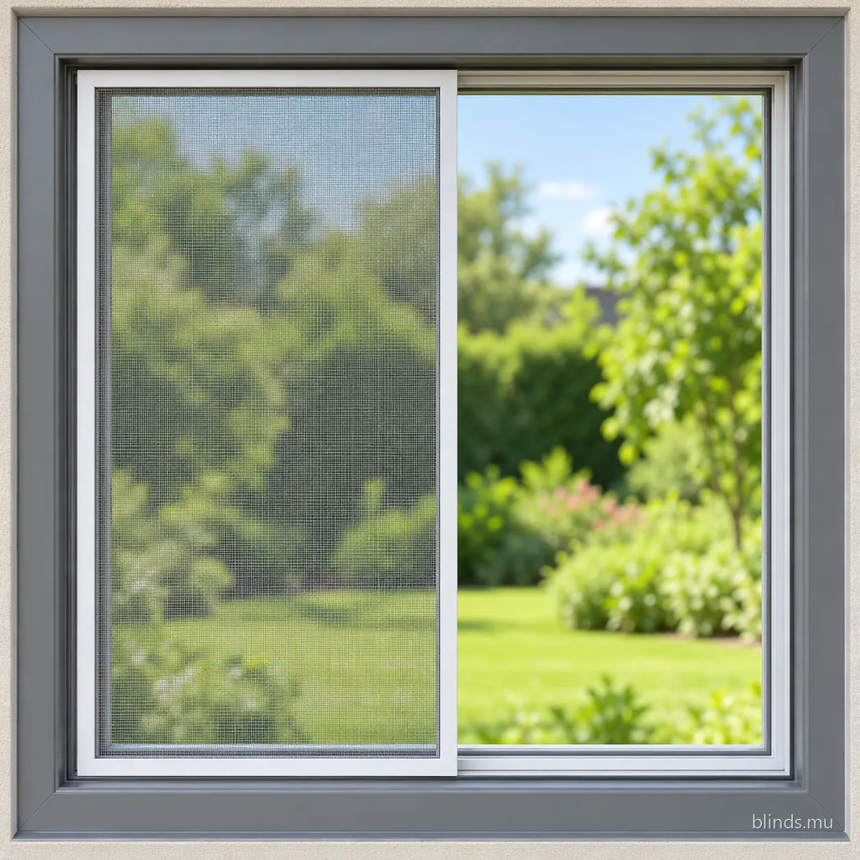 Sliding insect screen with a thin white frame fitted inside an existing window frame