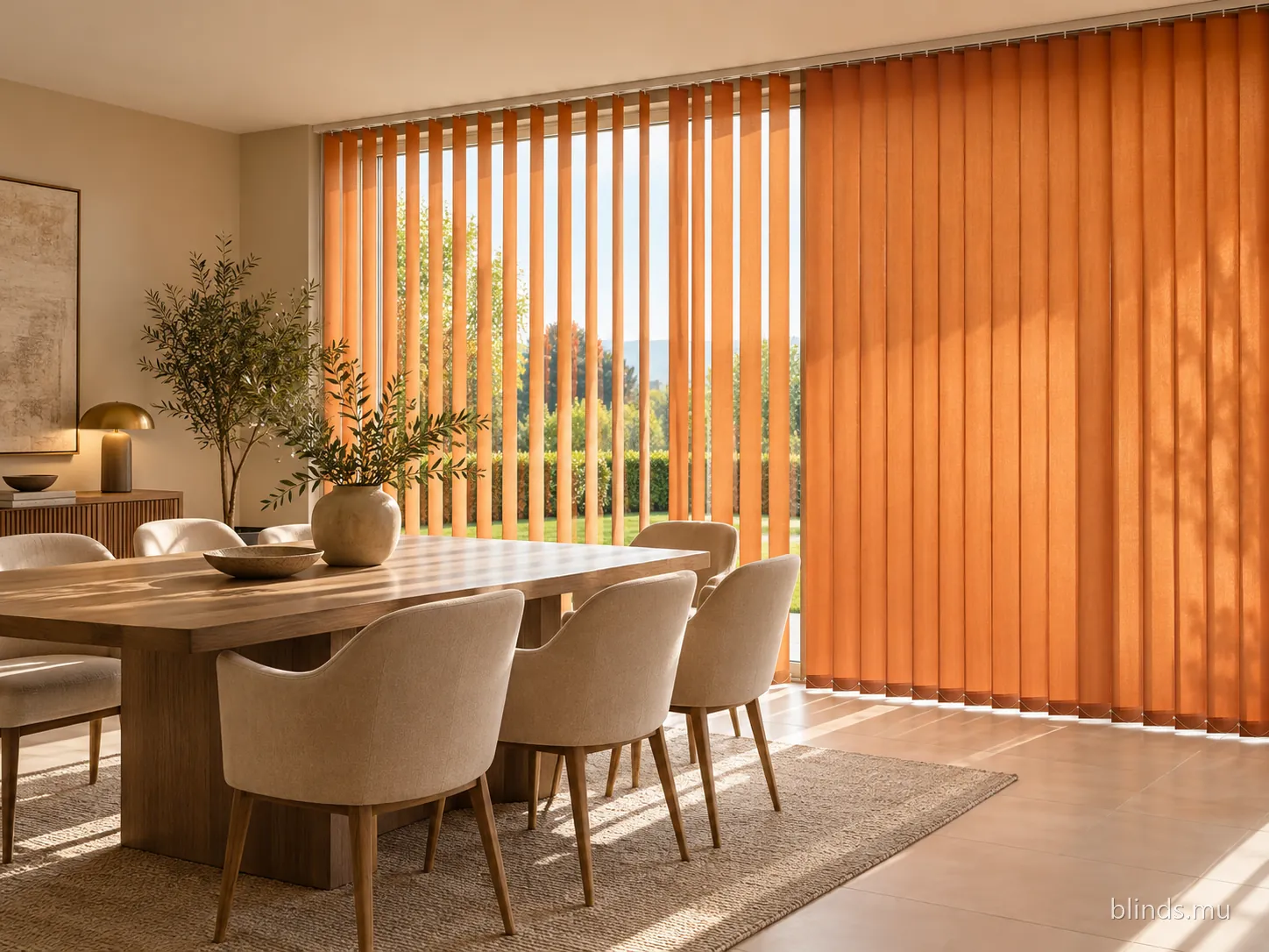 Dining room with orange vertical blinds