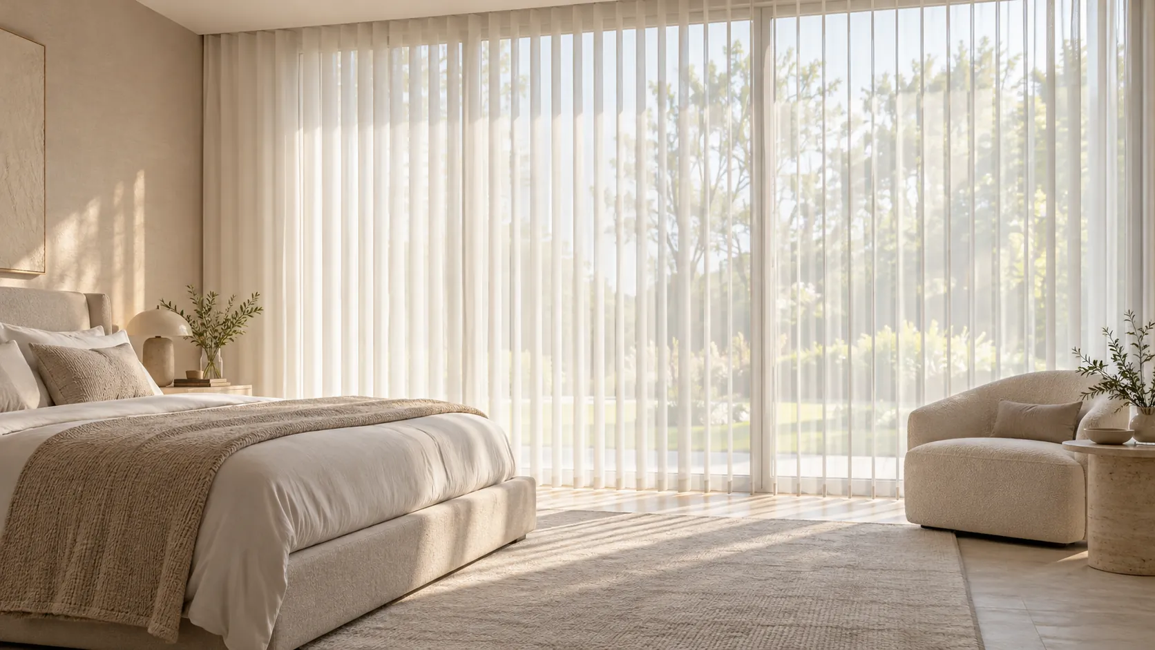 Luminous blind letting soft light into a bedroom