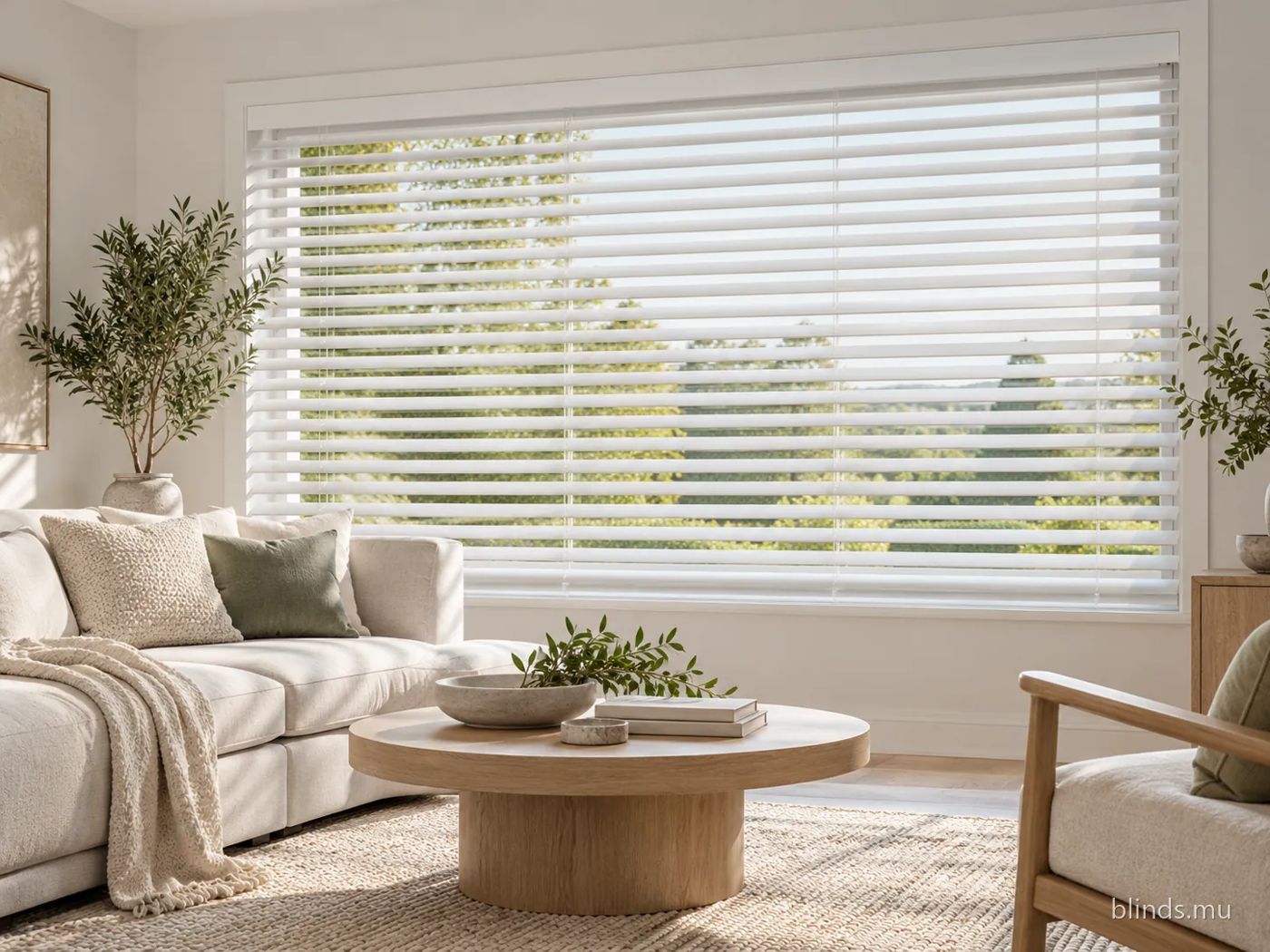 Living room · Aluminium blinds in white