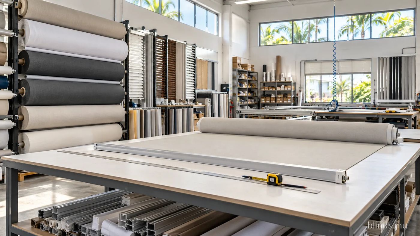 Workshop with fabric rolls and a cutting table