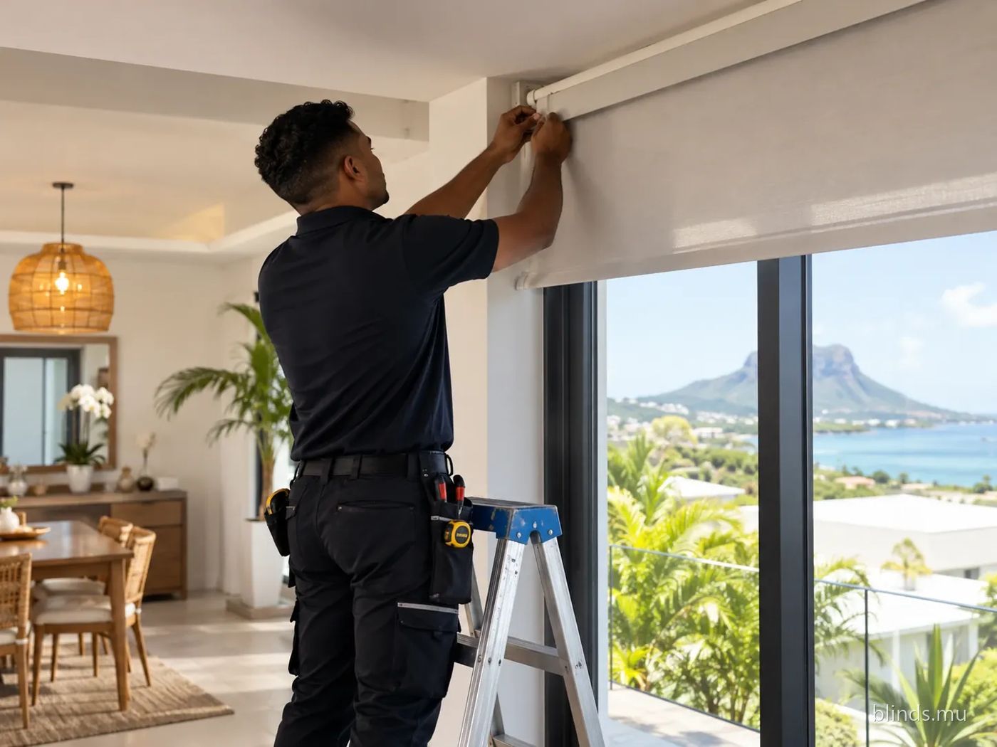 An installer fitting a roller blind above a tall window with a view of the mountain and sea