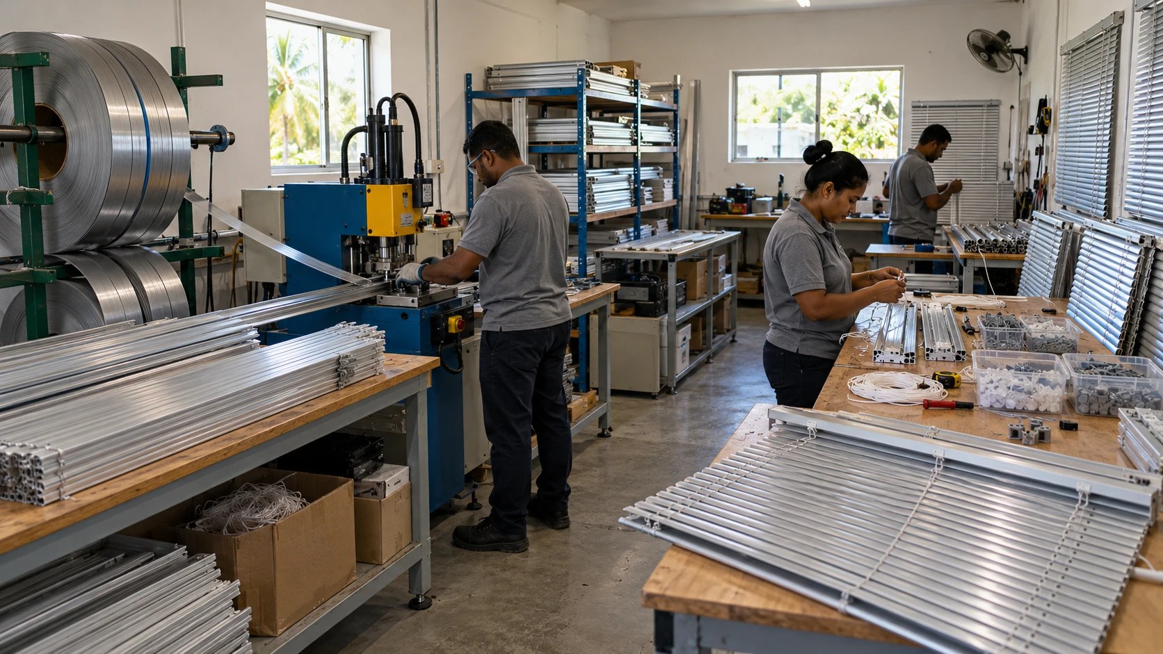 Workshop with aluminium coil, a press and finished aluminium blinds on a bench