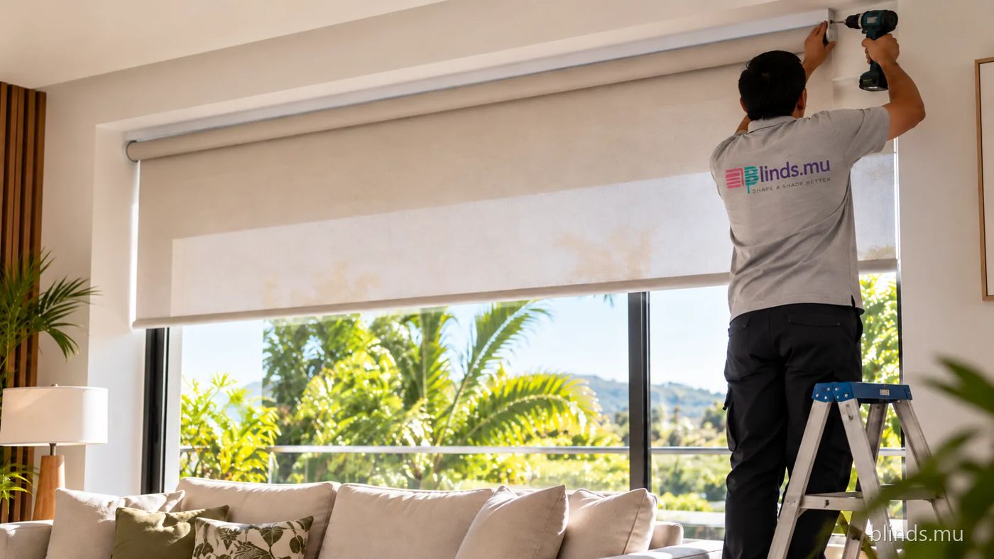 A roller blind being fitted