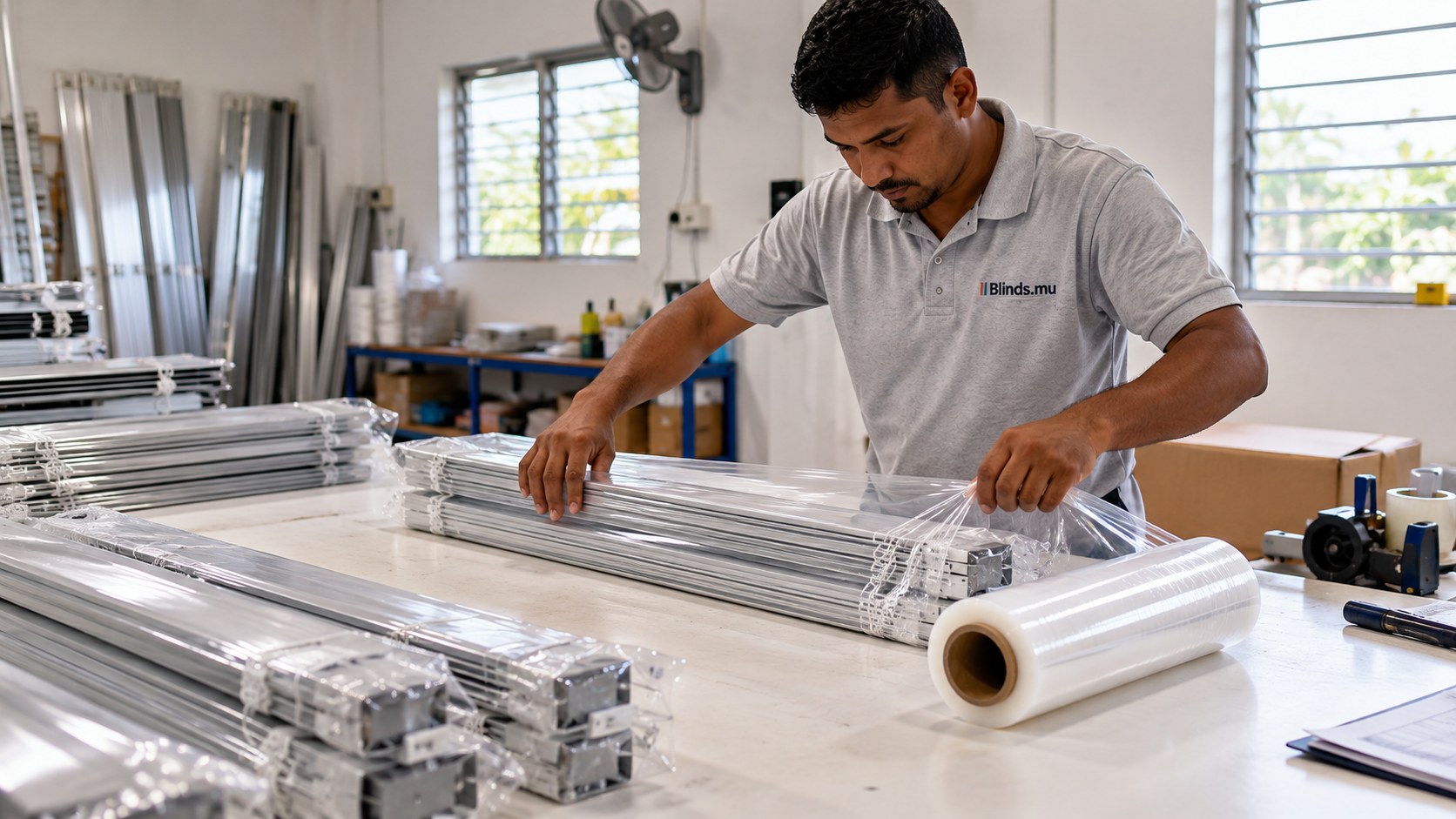 A workshop worker wrapping finished aluminium blind components for dispatch