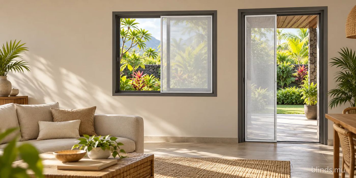 Living room with a sliding insect screen fitted inside the window frame and another on the door, open to a tropical garden