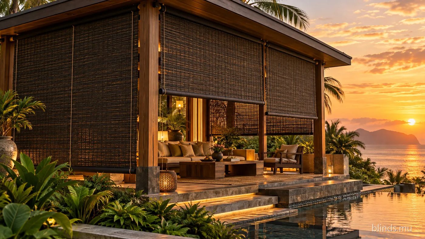 Resort veranda with outdoor blinds