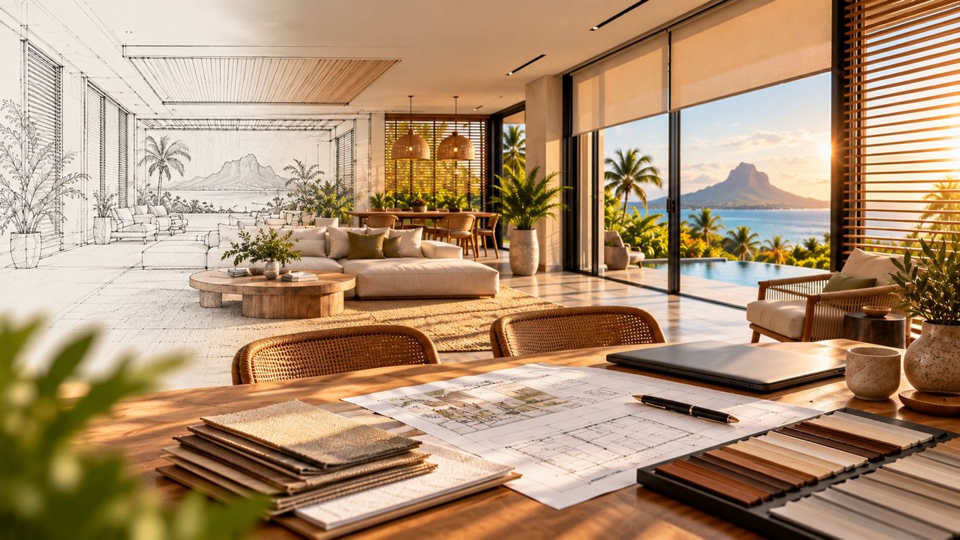 An architect's sketch becoming a finished tropical living room with blinds, with plans, fabric and material samples on a desk