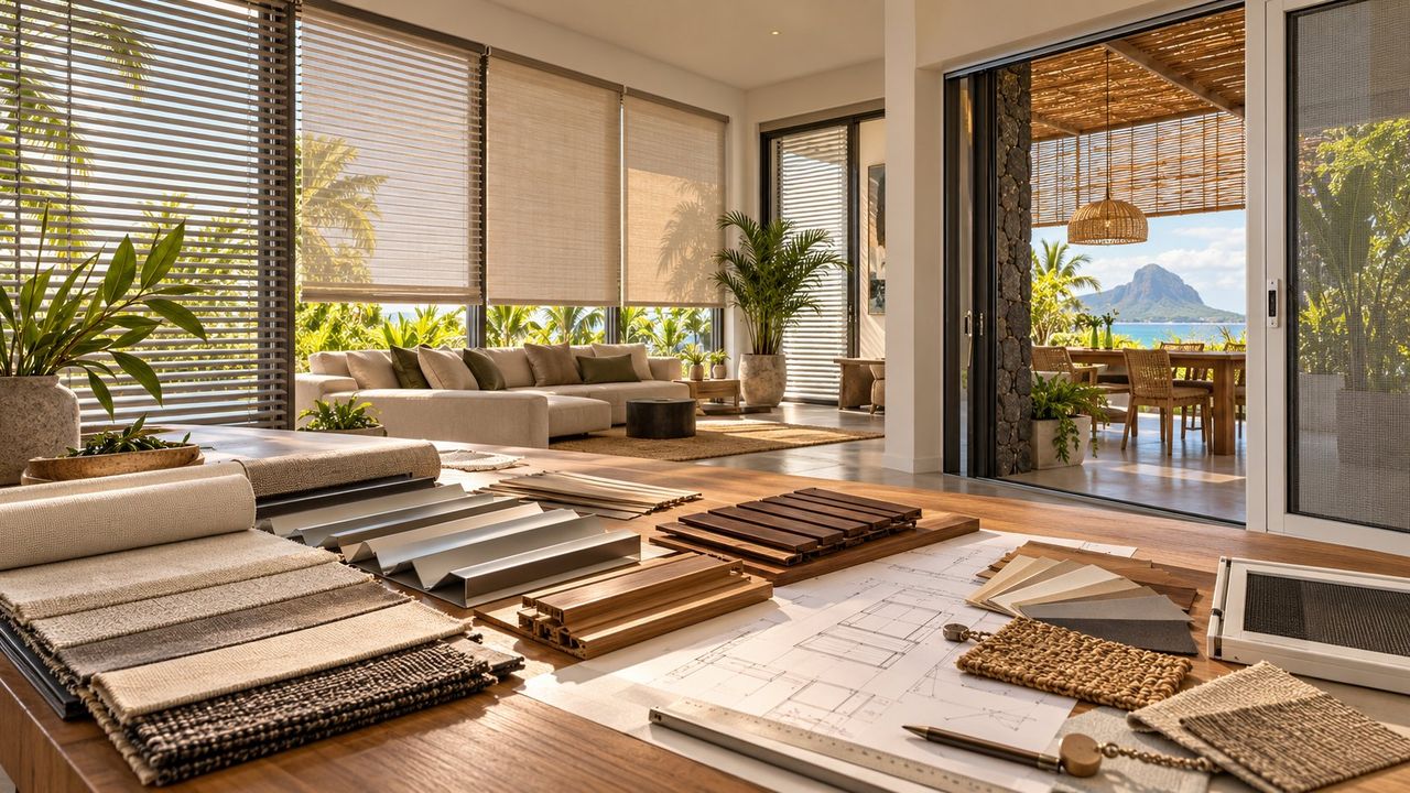 Fabric, aluminium, wooden and raffia samples, plans and an insect screen frame on a table in front of a living room with blinds