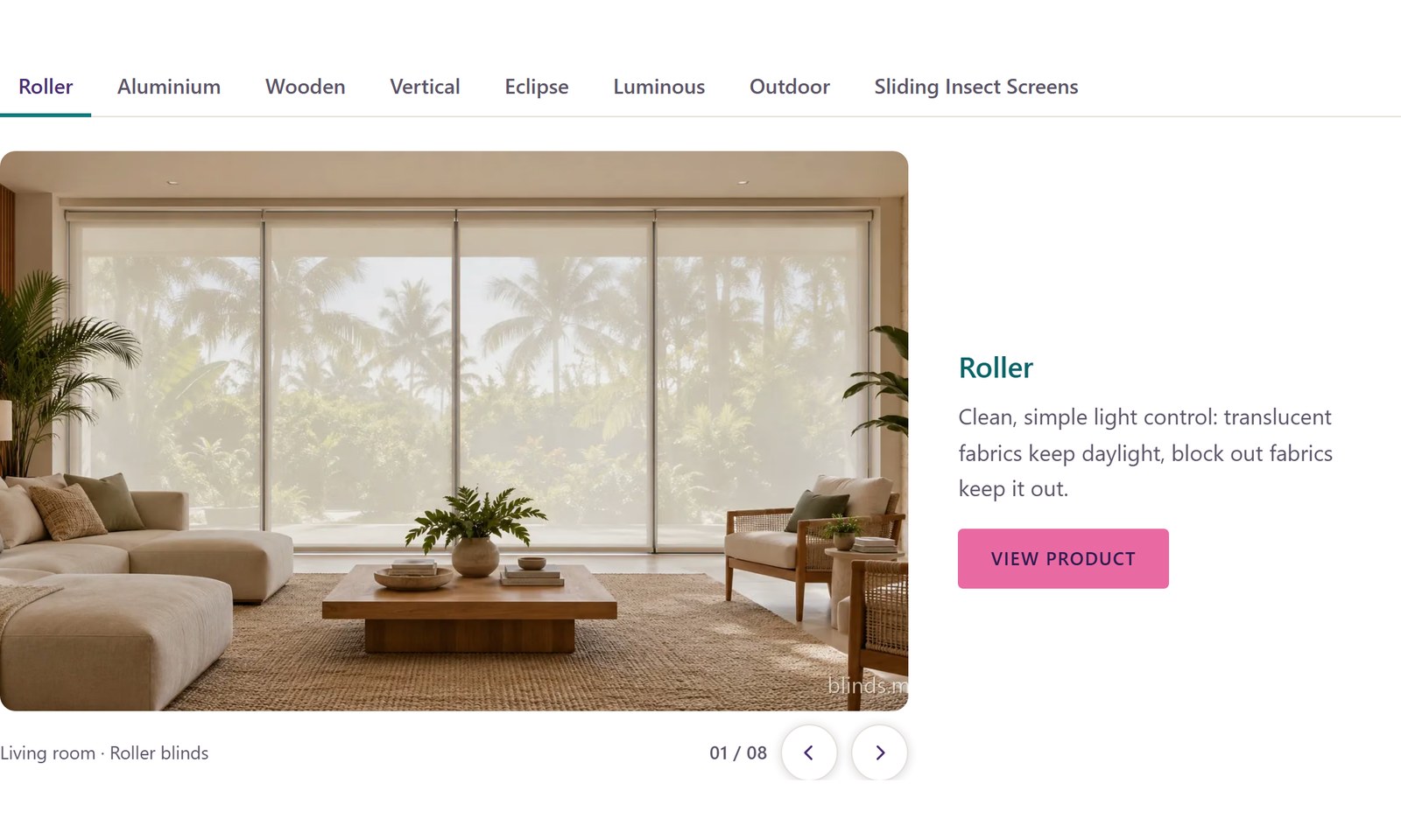 The website's product selector with photographs and View product