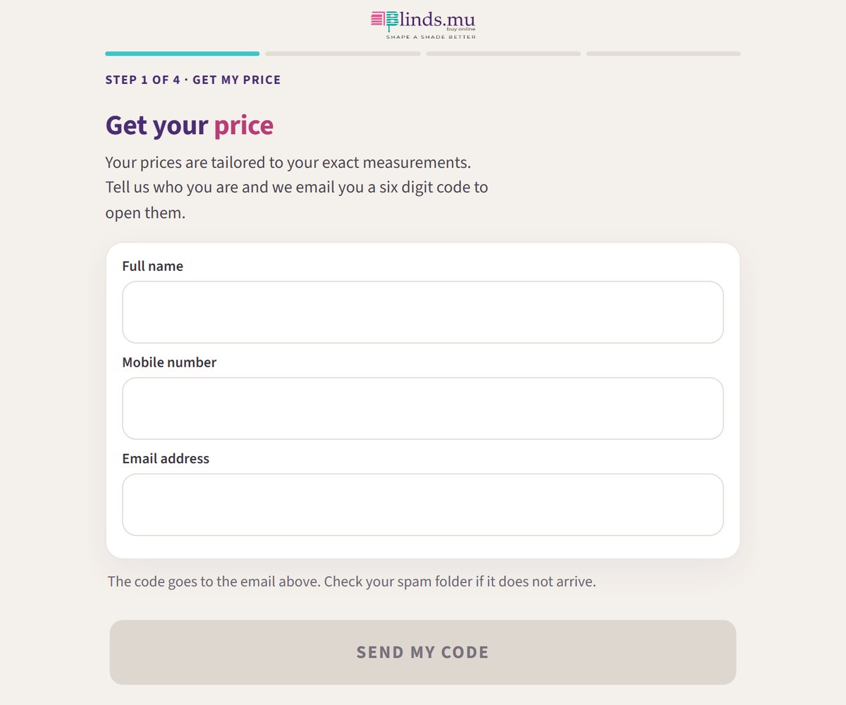 The secure quotation page, step 1 of 4, with Full name, Mobile number and Email address fields and a Send my code button